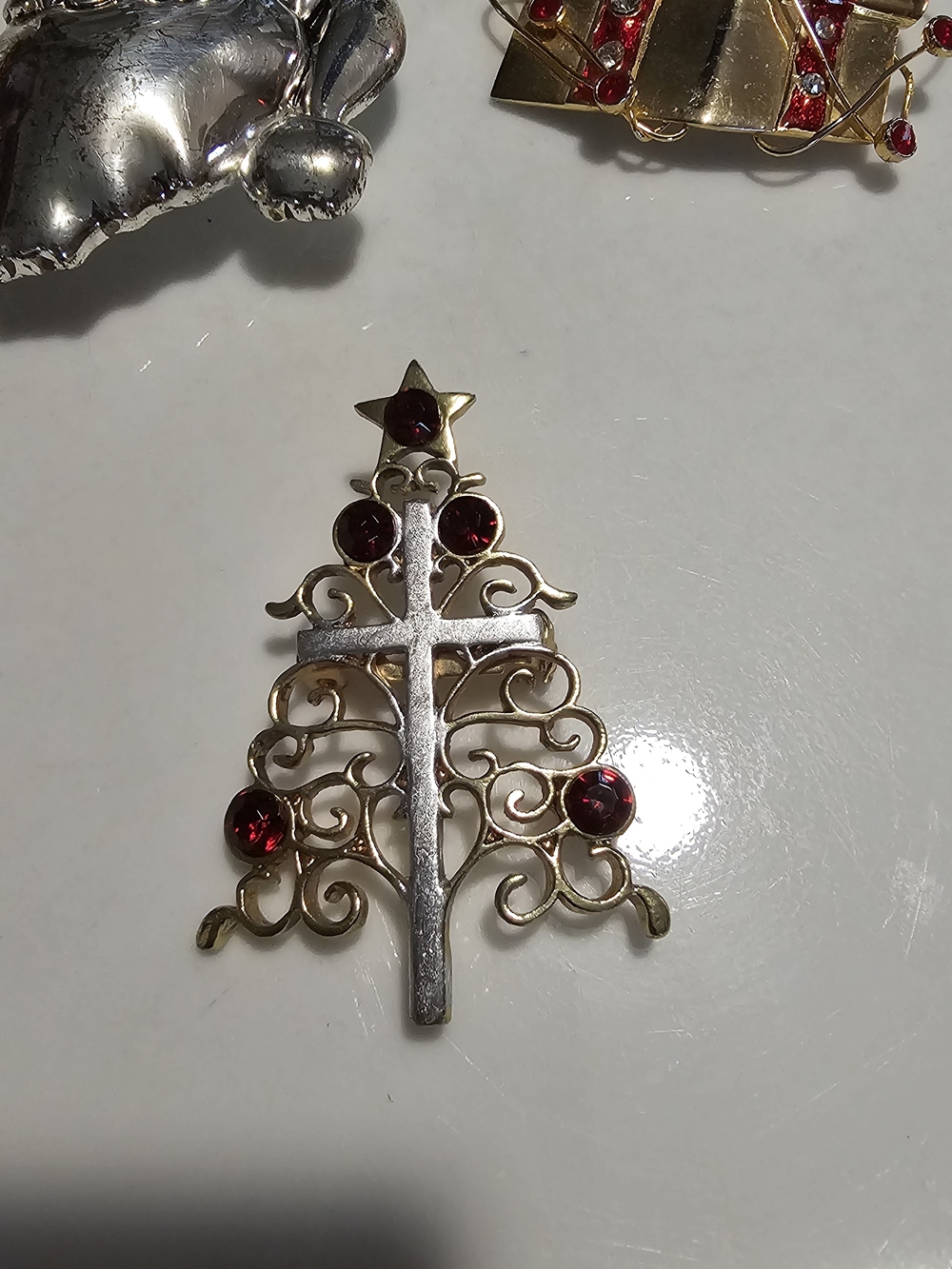 Festive Santa, Gift & Tree Brooch Trio - Silver & Gold with Red Accents - Picture 13 of 16